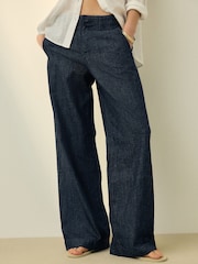 Indigo Blue N. Premium Wide Leg Linen Blend Tailored Jeans - Image 6 of 6