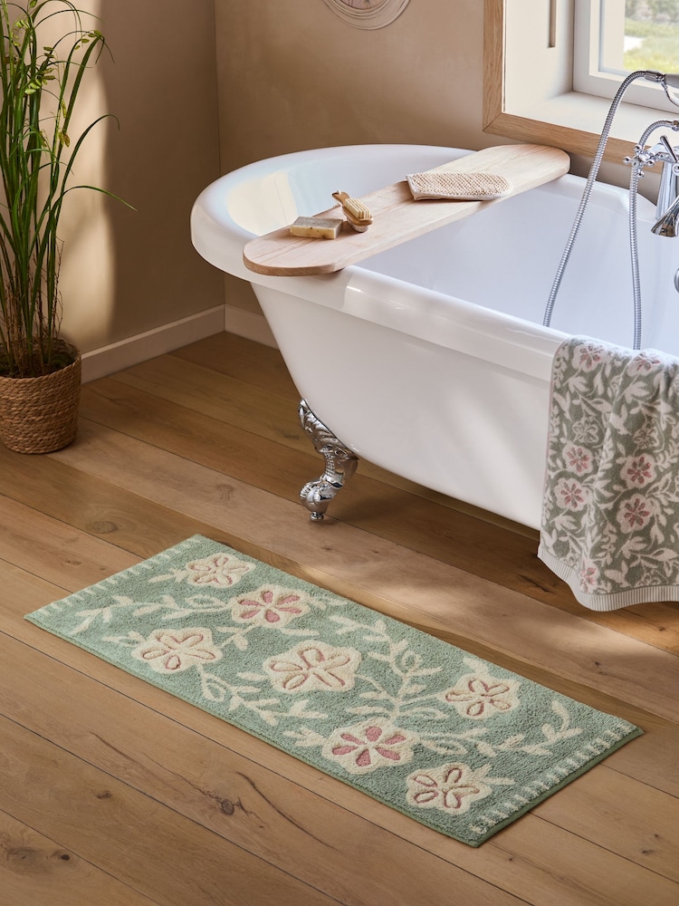 Sage Green Floral Cotton Shower Mat - Image 1 of 3 Sage Green Floral Cotton Shower Mat - Image 1 of 3