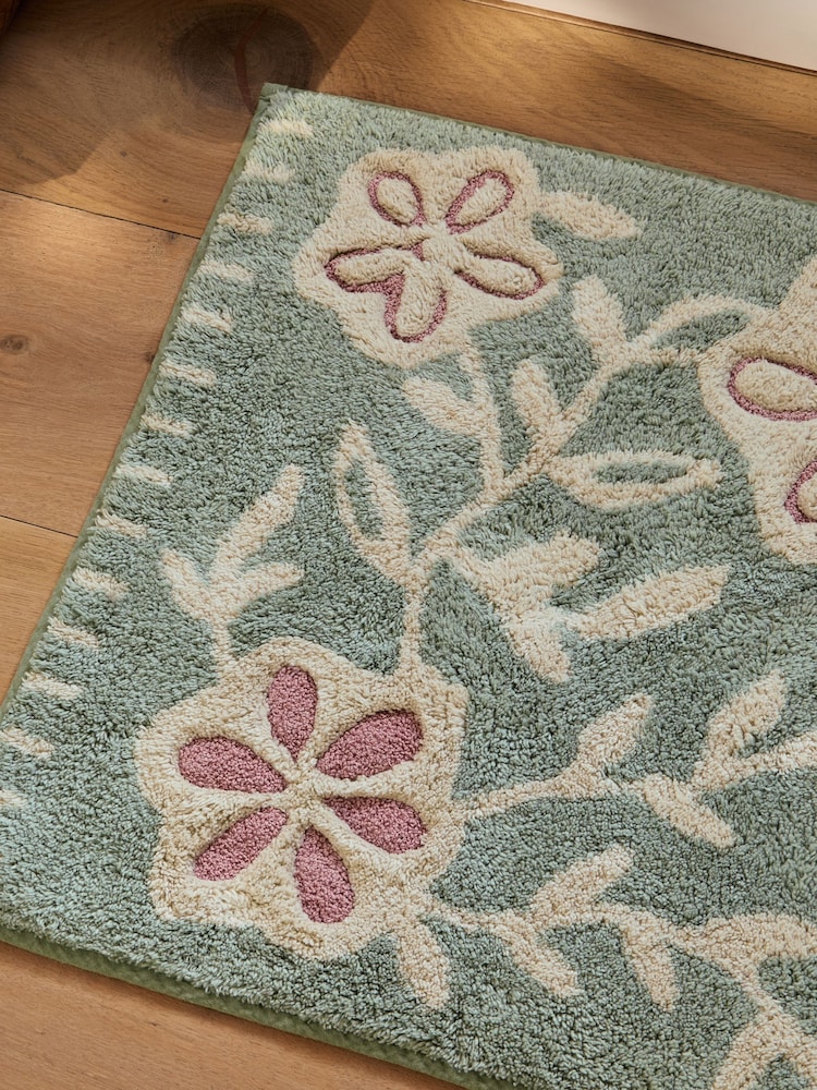 Sage Green Floral Cotton Shower Mat - Image 2 of 3 Sage Green Floral Cotton Shower Mat - Image 2 of 3