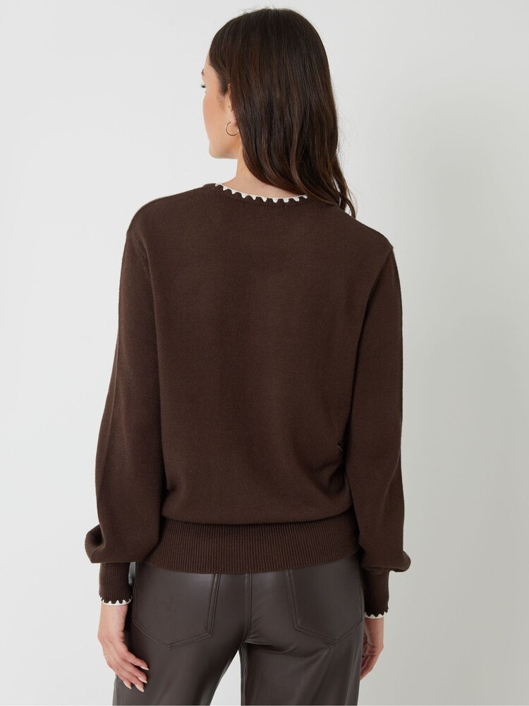 Threadbare Brown Contrast Edge Balloon Sleeve Jumper - Image 2 of 4 Threadbare Brown Contrast Edge Balloon Sleeve Jumper - Image 2 of 4