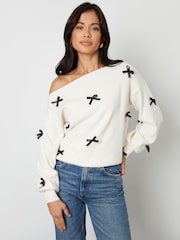 Threadbare Cream Bow Embellished Slash Neck Jumper - Image 1 of 4