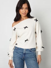 Threadbare Cream Bow Embellished Slash Neck Jumper - Image 4 of 4