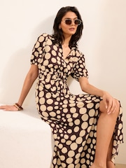 Friends Like These Chocolate Brown/Cream Spot Short Sleeve Jersey Tie waist Midi Dress - Image 1 of 4