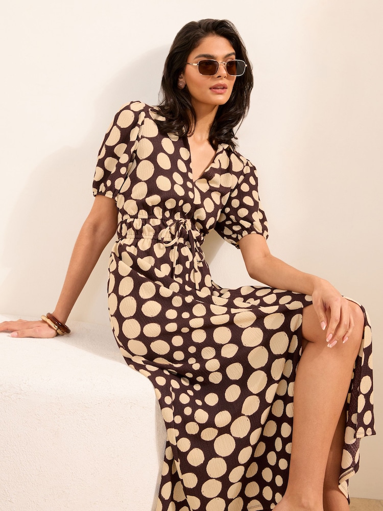 Friends Like These Chocolate Brown/Cream Spot Short Sleeve Jersey Tie waist Midi Dress - Image 1 of 4 Friends Like These Chocolate Brown/Cream Spot Short Sleeve Jersey Tie waist Midi Dress - Image 1 of 4