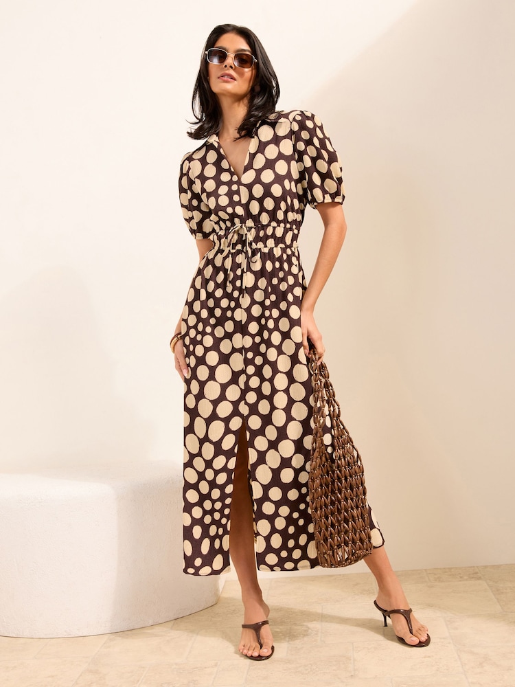 Friends Like These Chocolate Brown/Cream Spot Short Sleeve Jersey Tie waist Midi Dress - Image 2 of 4 Friends Like These Chocolate Brown/Cream Spot Short Sleeve Jersey Tie waist Midi Dress - Image 2 of 4