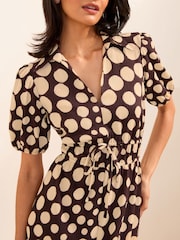 Friends Like These Chocolate Brown/Cream Spot Short Sleeve Jersey Tie waist Midi Dress - Image 3 of 4