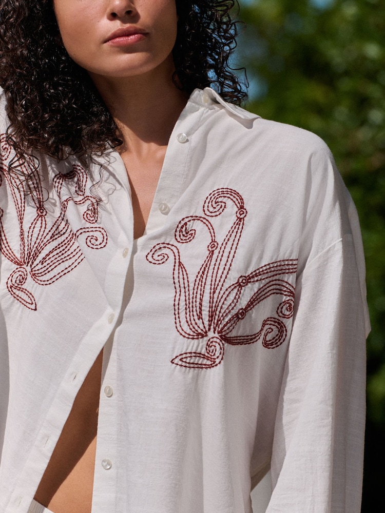 Daily by Desmond and Dempsey White Viscose Cotton Blend Embroidery Shirt - Image 5 of 5