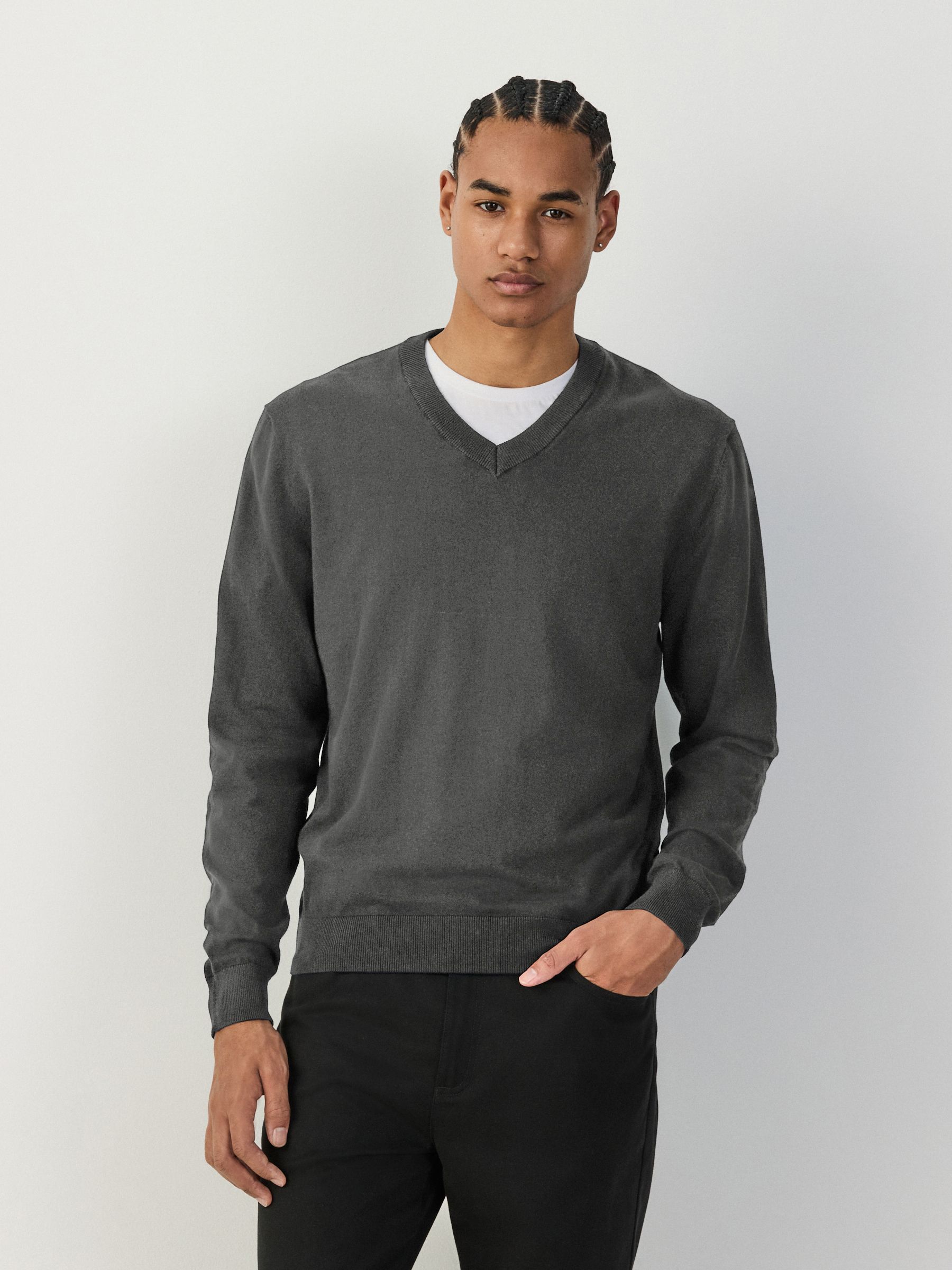 Buy Charcoal Grey V-Neck Regular Fit Cotton Rich Jumper from the