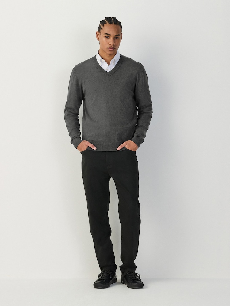 Charcoal Grey V-Neck Regular Fit Cotton Rich Jumper - Image 2 of 5 Charcoal Grey V-Neck Regular Fit Cotton Rich Jumper - Image 2 of 5