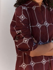 Daily by Desmond and Dempsey Chocolate Brown All Over Embroidery Cotton Oversized Shirt - Image 4 of 6