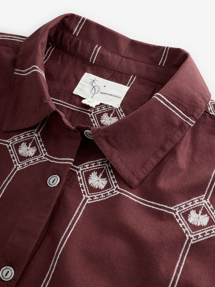 Daily by Desmond and Dempsey Chocolate Brown All Over Embroidery Cotton Oversized Shirt - Image 9 of 9