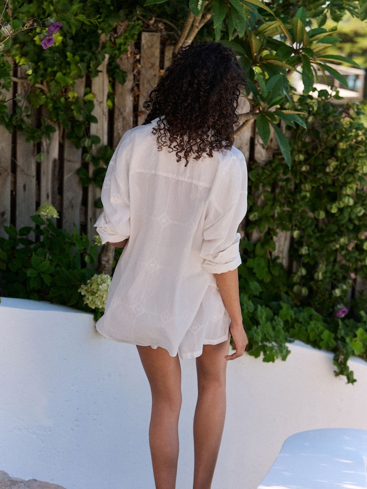 Daily by Desmond and Dempsey White All Over Embroidery Cotton Shirt Short Co-ord Set - Image 2 of 5