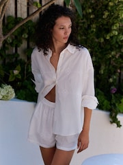 Daily by Desmond and Dempsey White All Over Embroidery Cotton Shirt Short Co-ord Set - Image 3 of 5
