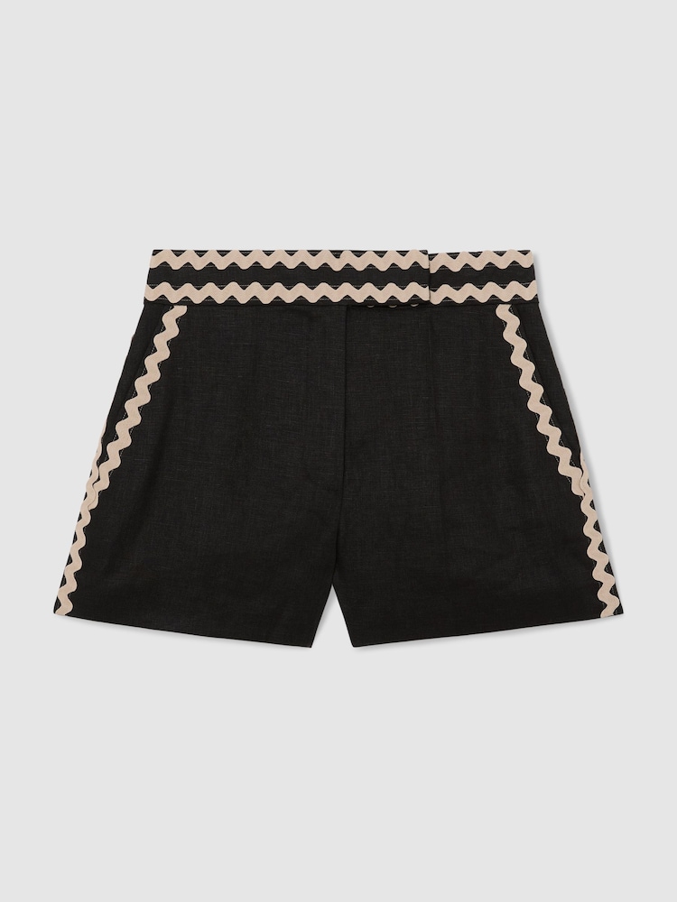 Reiss Black Mila Linen Wave-Trim Shorts - Image 2 of 6 Reiss Black Mila Linen Wave-Trim Shorts - Image 2 of 6