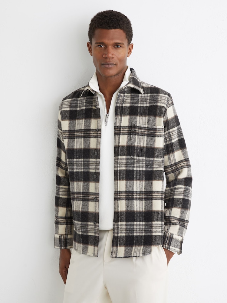 Reiss Charcoal Grey Crosby Wool-Blend Check Overshirt - Image 1 of 7