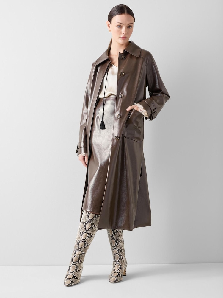 LK Bennett Brown Patent Polyester Trench Coat With Self Belt, Gold Details - Image 2 of 4 LK Bennett Brown Patent Polyester Trench Coat With Self Belt, Gold Details - Image 2 of 4