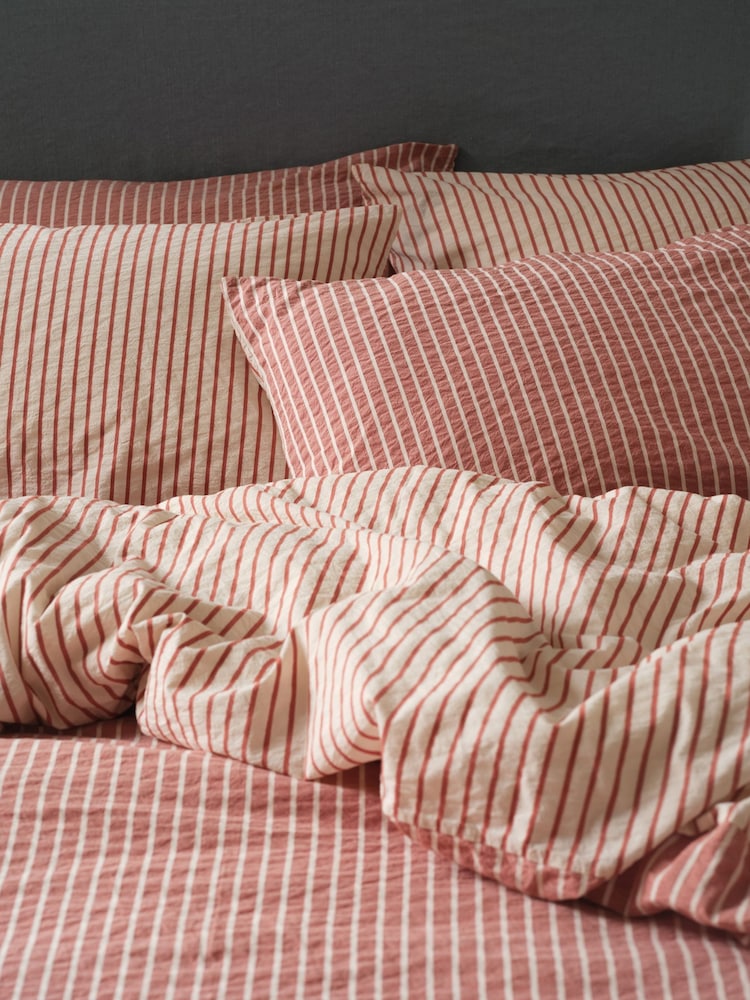 Piglet in Bed Auburn Red Textured Stripe Cotton Pillowcase Pair - Image 1 of 3 Piglet in Bed Auburn Red Textured Stripe Cotton Pillowcase Pair - Image 1 of 3