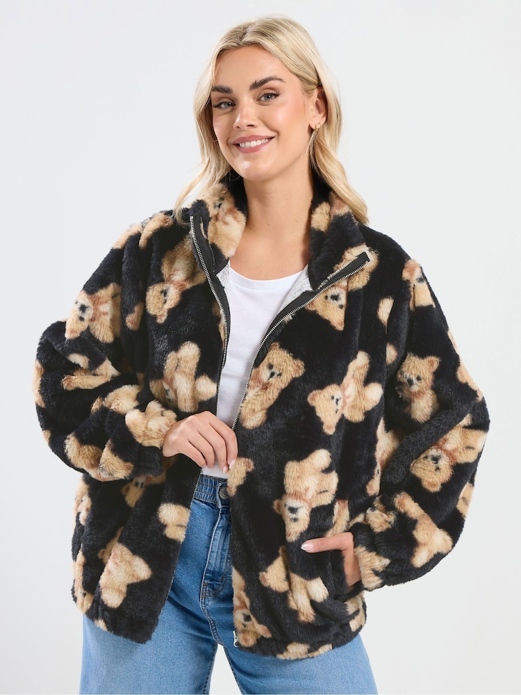 Yours Curve Black Faux Fur Funnel Neck Zip Teddy Fleece - Image 1 of 5 Yours Curve Black Faux Fur Funnel Neck Zip Teddy Fleece - Image 1 of 5