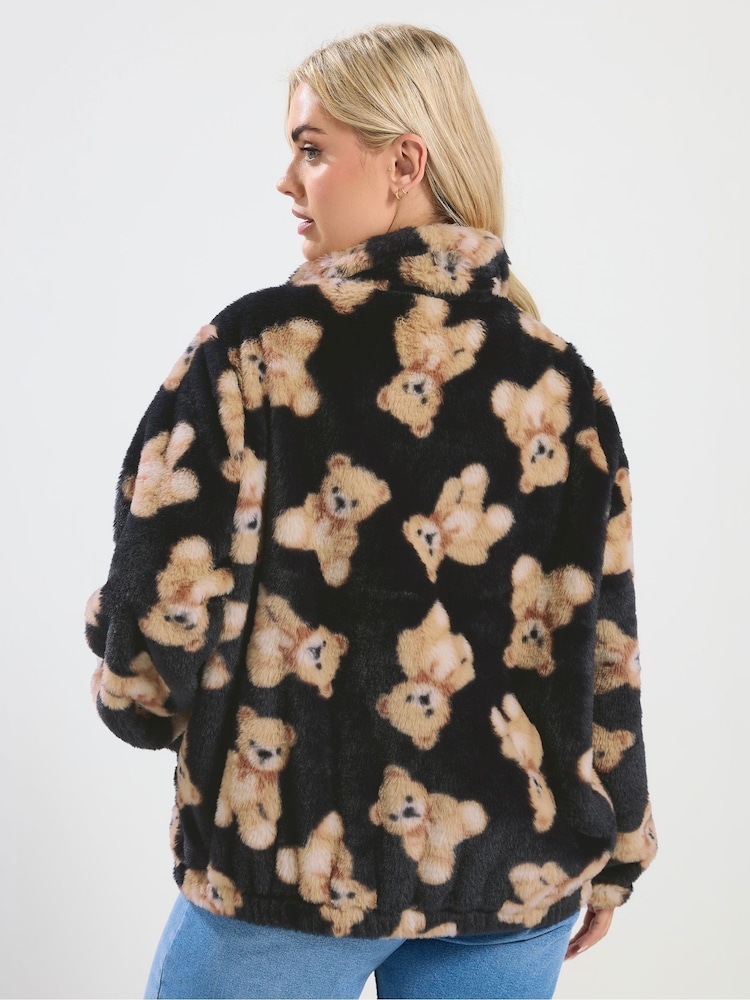 Yours Curve Black Faux Fur Funnel Neck Zip Teddy Fleece - Image 2 of 5 Yours Curve Black Faux Fur Funnel Neck Zip Teddy Fleece - Image 2 of 5