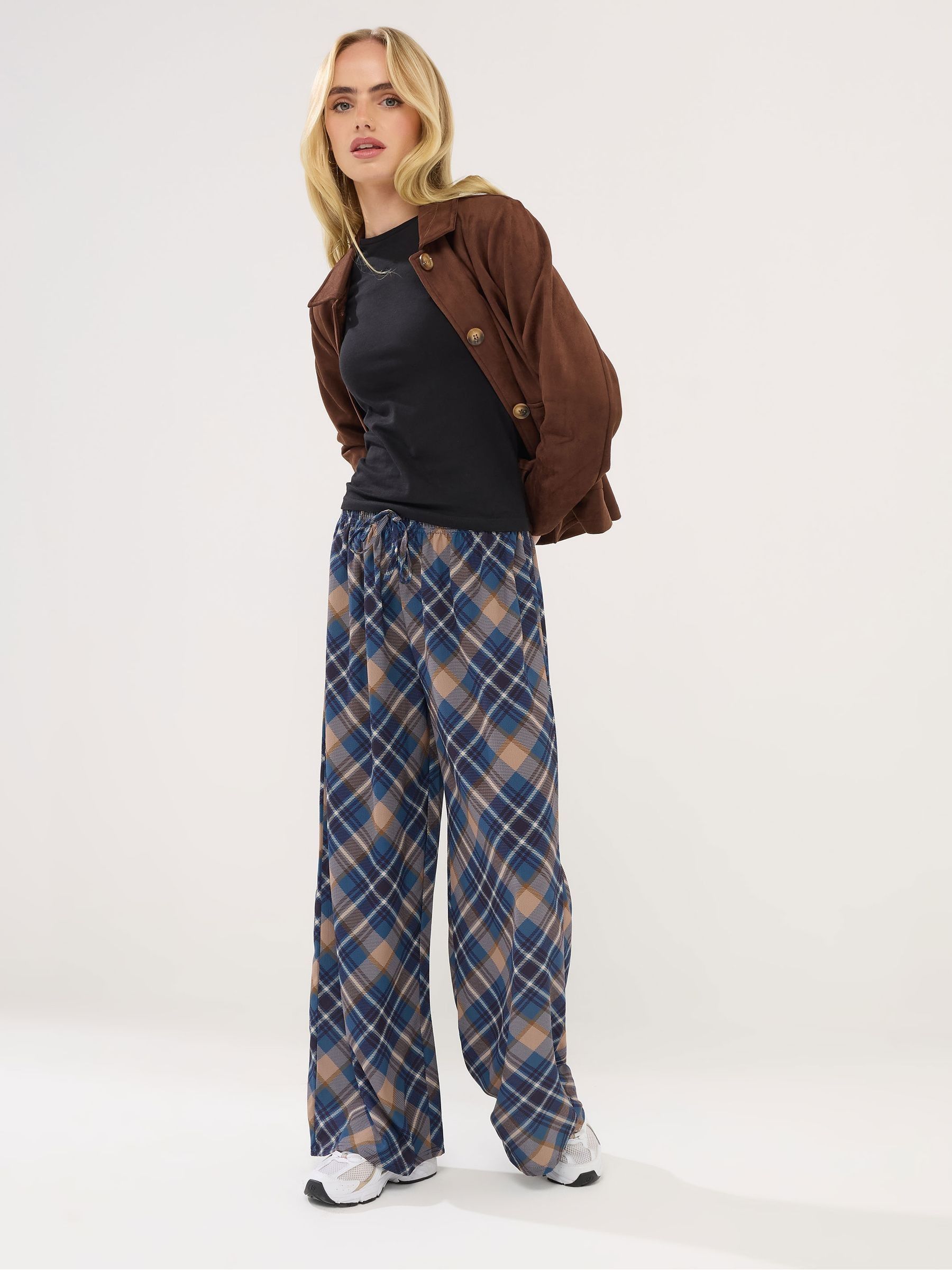 Pixiegirl Petite Women's Blue Check Wide Leg Trousers
