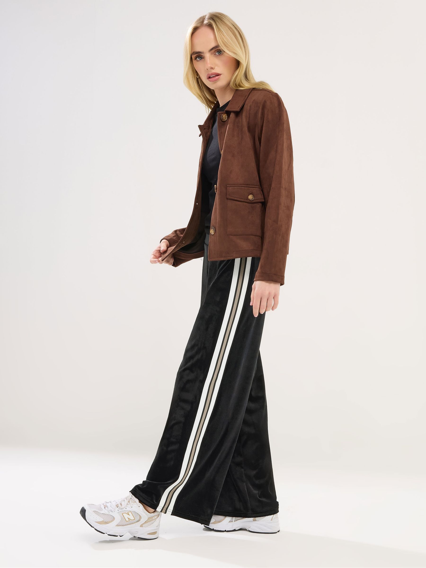 Buy PixieGirl Petite Black Velour Side Stripe Wide Leg Trousers