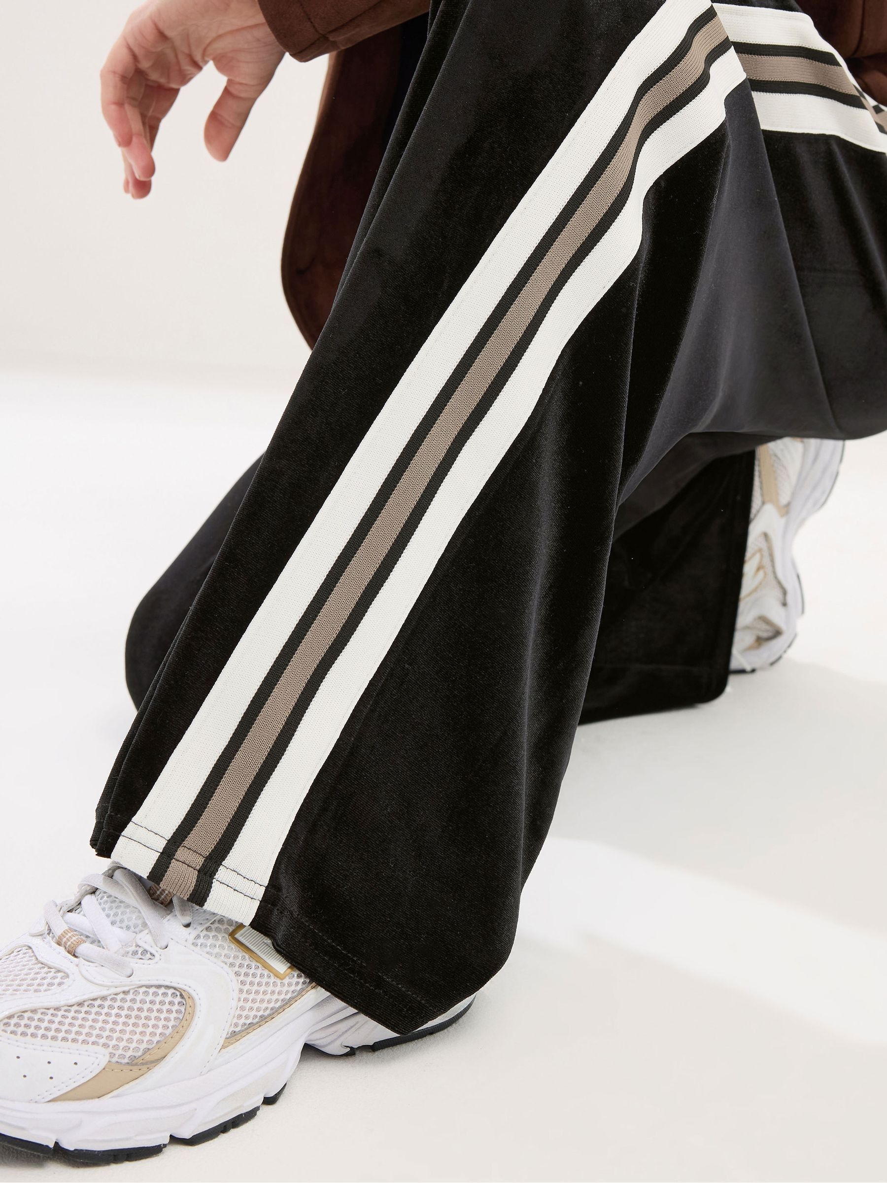 Buy PixieGirl Petite Black Velour Side Stripe Wide Leg Trousers