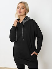 Yours Curve Black Shimmer Hood Sweatshirt - Image 1 of 5