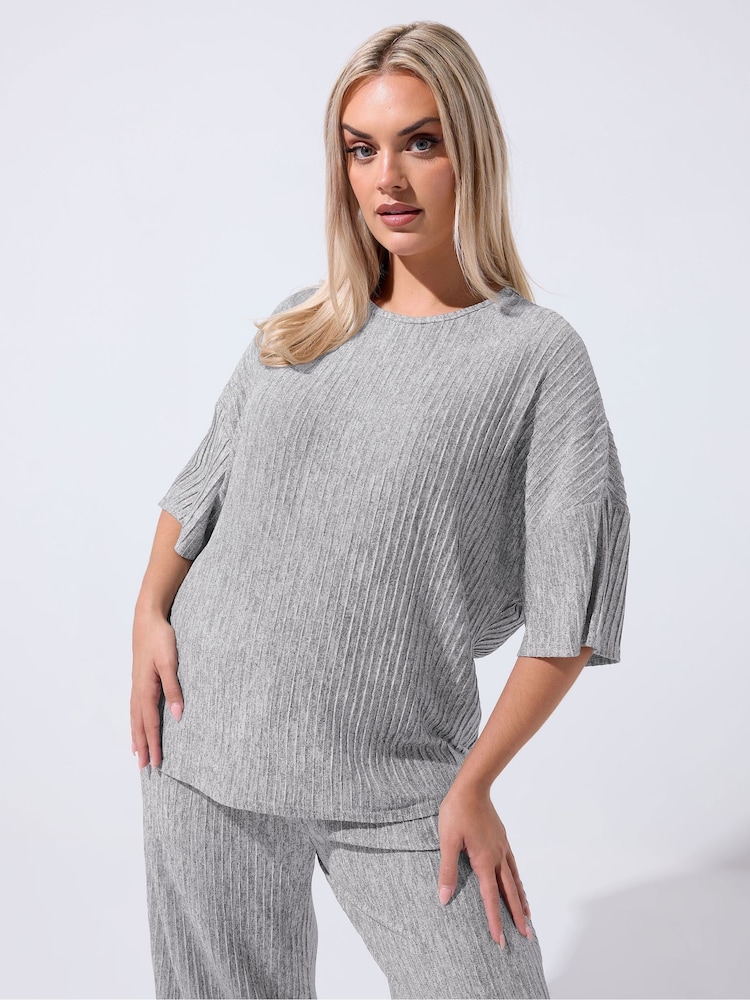 Yours Curve Grey Limited Plisse Boxy Top - Image 1 of 4 Yours Curve Grey Limited Plisse Boxy Top - Image 1 of 4