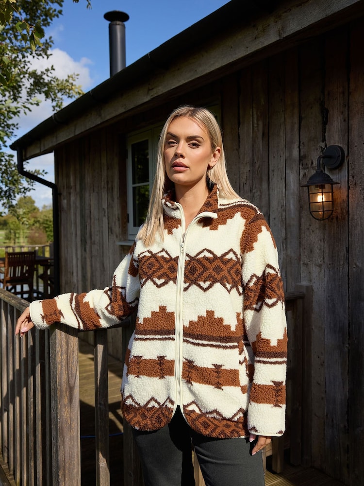 Yours Curve Brown Zip Through Borg Fleece - Image 2 of 5 Yours Curve Brown Zip Through Borg Fleece - Image 2 of 5