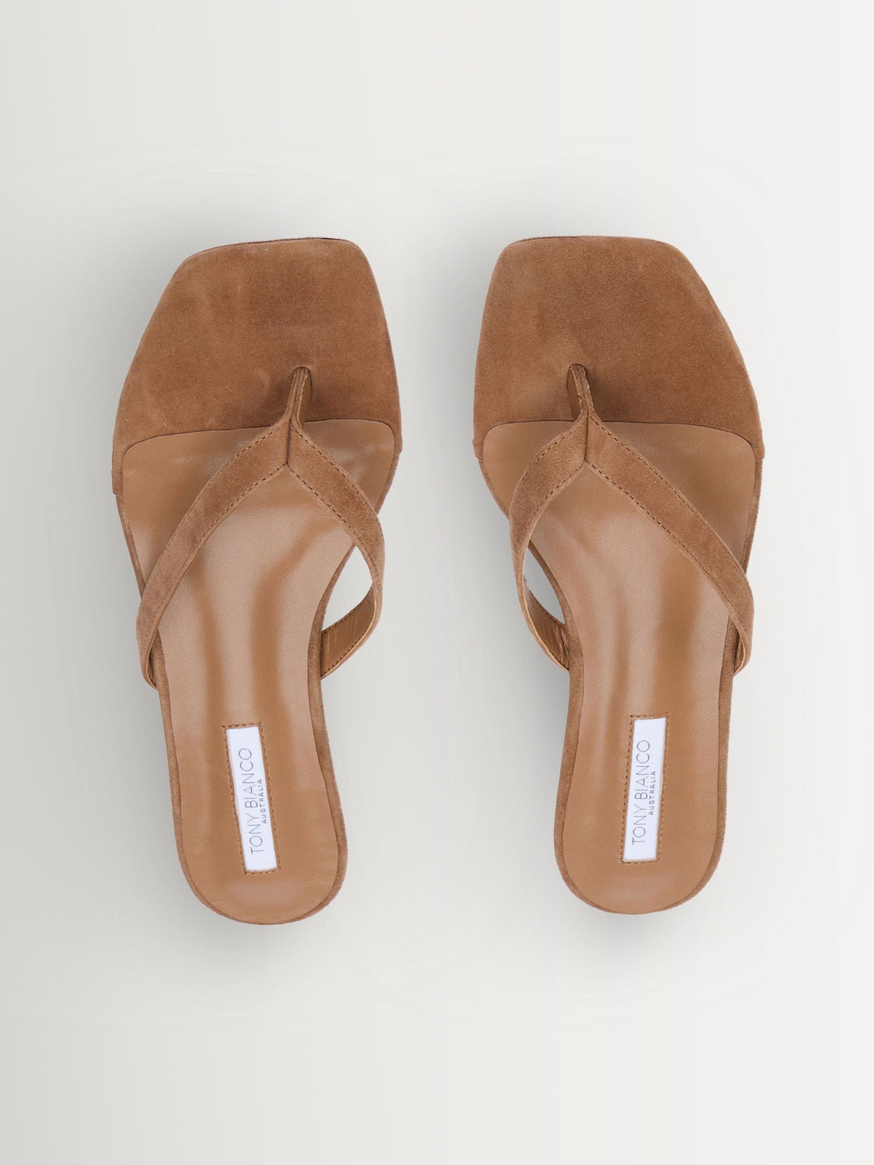 Buy Tony Bianco Natural Annie Taupe Suede Toe Thong Heels from the