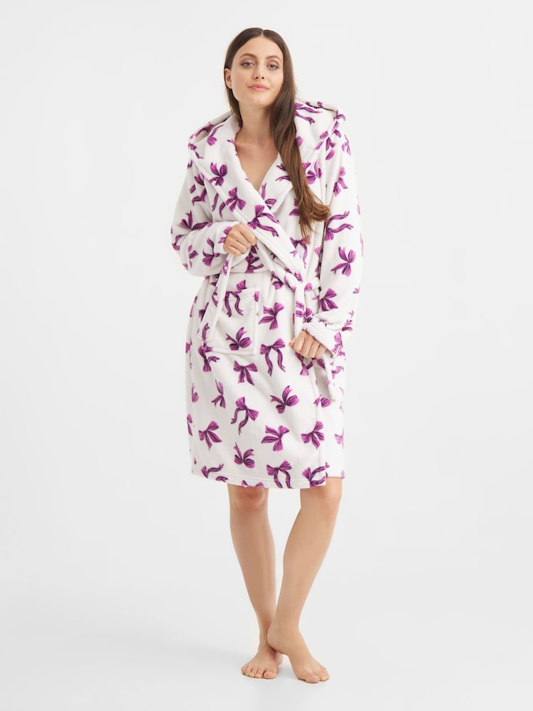 Urban Threads White/Purple Bow Fleece Dressing Gown - Image 1 of 5 Urban Threads White/Purple Bow Fleece Dressing Gown - Image 1 of 5