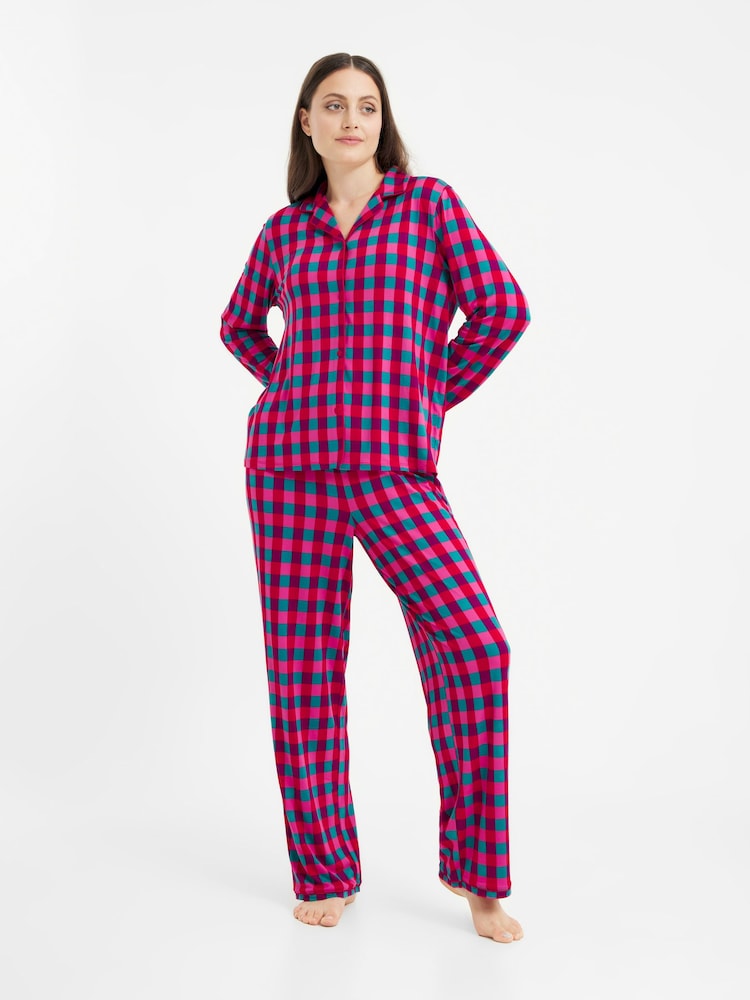 Urban Threads Pink Multicoloured Check Long Pyjamas Set - Image 1 of 5 Urban Threads Pink Multicoloured Check Long Pyjamas Set - Image 1 of 5