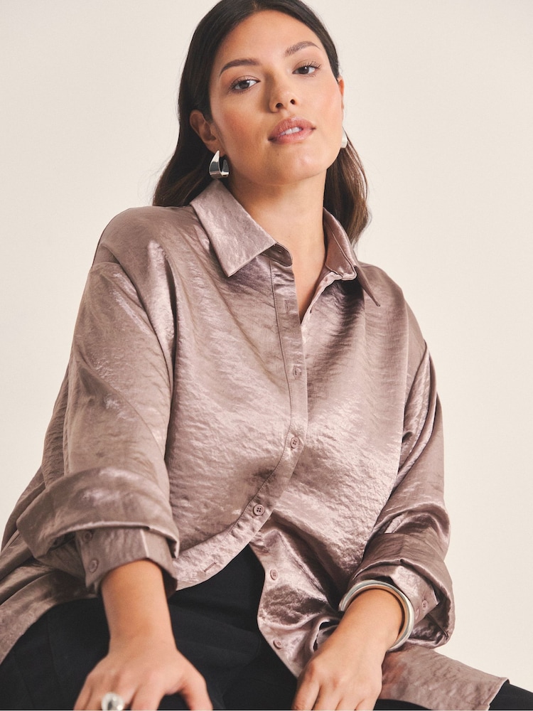 Simply Be Brown Metallic Liquid Satin Oversized Shirt - Image 1 of 4
