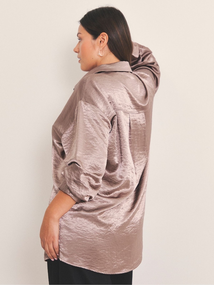 Simply Be Brown Metallic Liquid Satin Oversized Shirt - Image 2 of 4