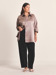 Simply Be Brown Metallic Liquid Satin Oversized Shirt - Image 3 of 4
