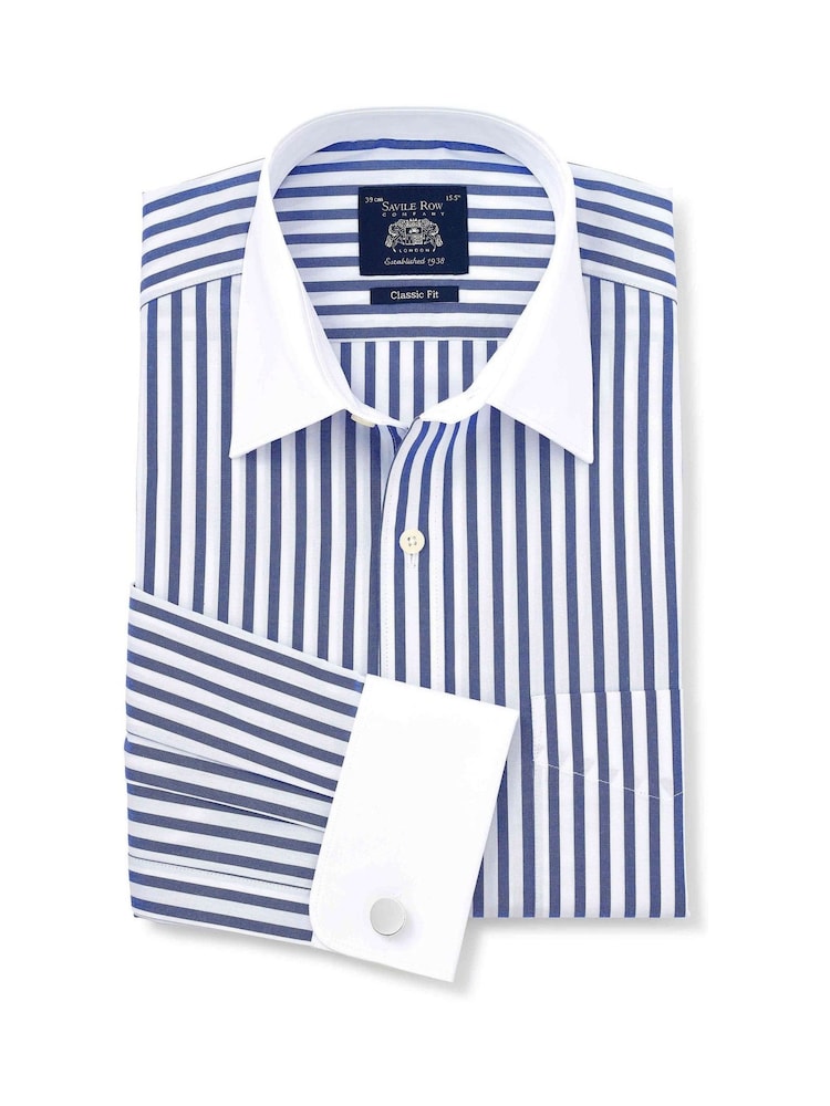 Savile Row Company Classic Fit Blue White Striped Cotton Winchester Double Cuff Formal Shirt - Image 1 of 3 Savile Row Company Classic Fit Blue White Striped Cotton Winchester Double Cuff Formal Shirt - Image 1 of 3