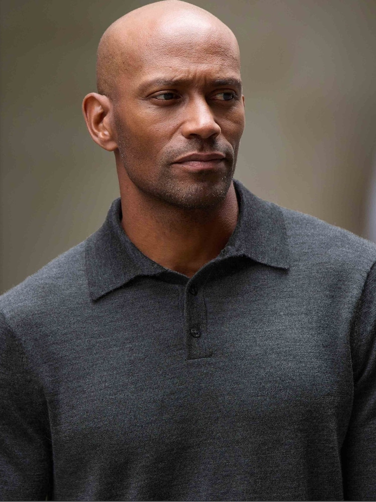 The Savile Row Company Grey Merino Wool Knitted Polo Shirt - Image 2 of 4 The Savile Row Company Grey Merino Wool Knitted Polo Shirt - Image 2 of 4
