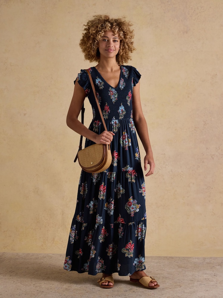 Joules Esme Navy Floral Shirred Maxi Dress - Image 1 of 7