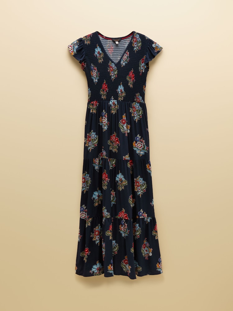 Joules Esme Navy Floral Shirred Maxi Dress - Image 7 of 7