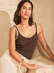 Love & Roses Chocolate Brown Cotton Rich Crochet Knitted Vest - Image 4 of 4