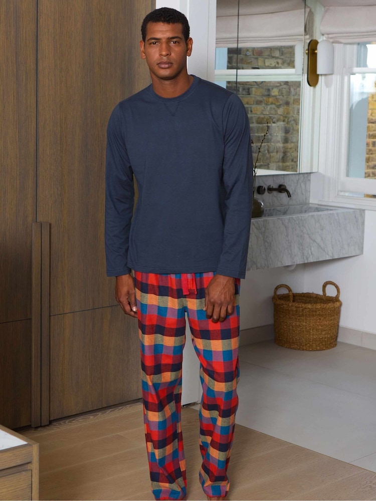 Savile Row Company Blue Multicolour Checked Cotton Pyjama Bottoms & Long Sleeve T-Shirt Pyjama Set - Image 1 of 4 Savile Row Company Blue Multicolour Checked Cotton Pyjama Bottoms & Long Sleeve T-Shirt Pyjama Set - Image 1 of 4