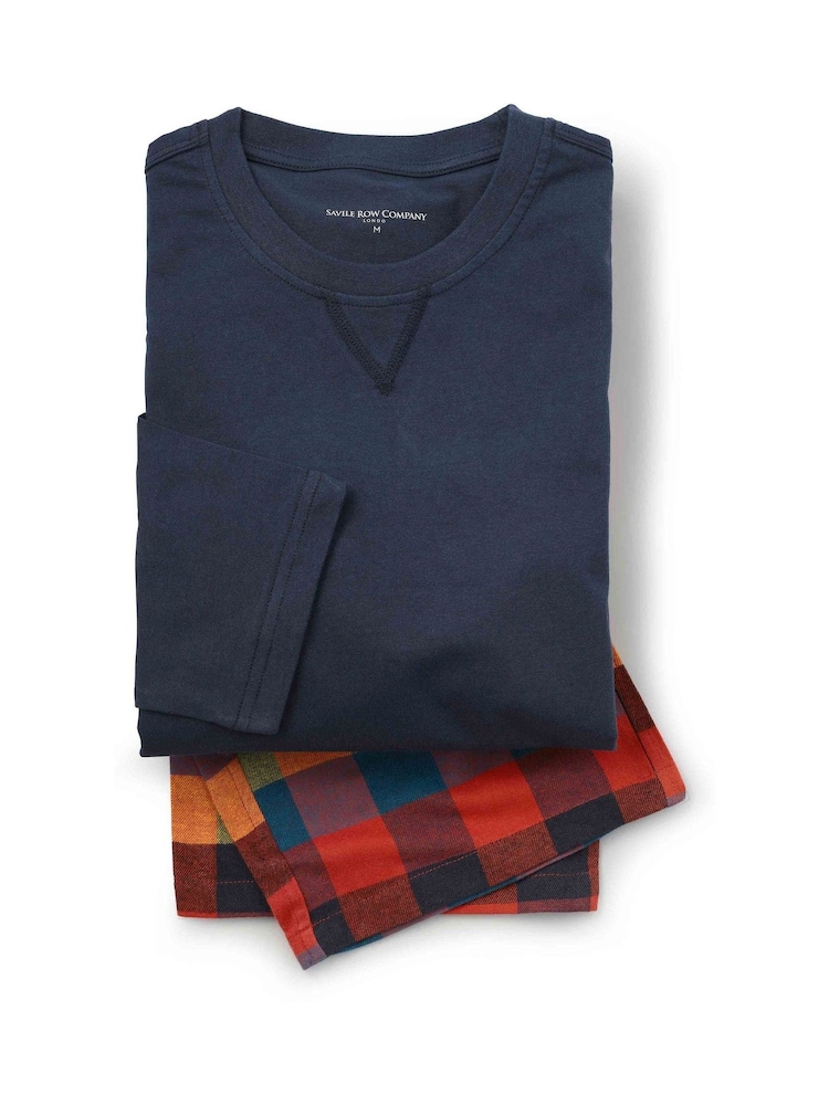 Savile Row Company Blue Multicolour Checked Cotton Pyjama Bottoms & Long Sleeve T-Shirt Pyjama Set - Image 4 of 4 Savile Row Company Blue Multicolour Checked Cotton Pyjama Bottoms & Long Sleeve T-Shirt Pyjama Set - Image 4 of 4