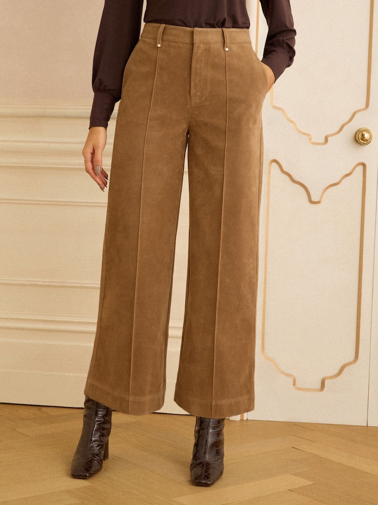 Love & Roses Tan Brown Faux Suede Wide Pintuck Crop Trousers - Image 1 of 4 Love & Roses Tan Brown Faux Suede Wide Pintuck Crop Trousers - Image 1 of 4
