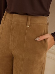 Love & Roses Tan Brown Faux Suede Wide Pintuck Crop Trousers - Image 2 of 4