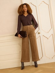 Love & Roses Tan Brown Faux Suede Wide Pintuck Crop Trousers - Image 3 of 4