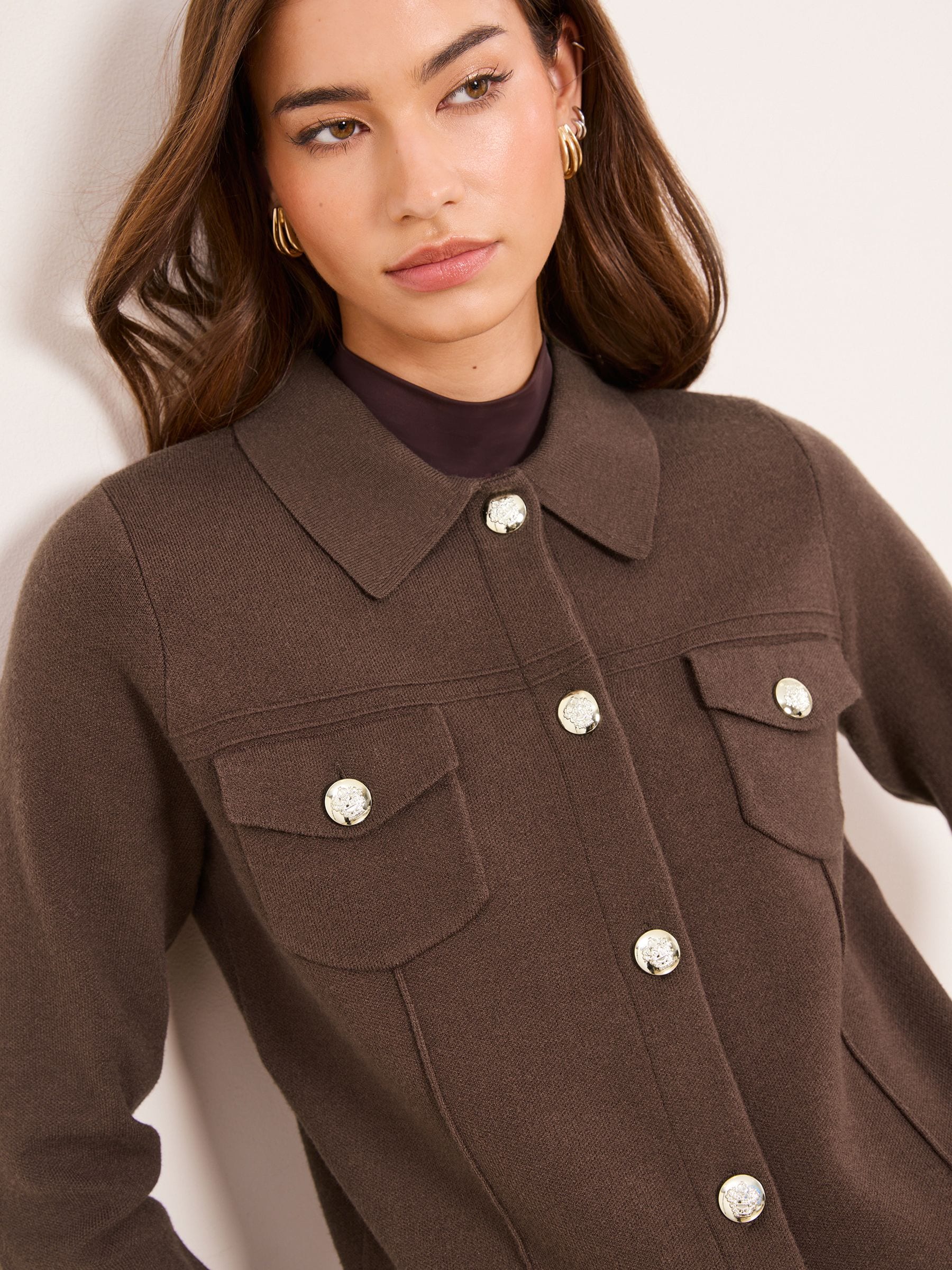 Buy Lipsy Chocolate Brown Collared Military Long Sleeve Knitted