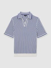Reiss Blue/ Off White Alba Cotton-Blend Stripe Knit Polo Shirt - Image 2 of 6