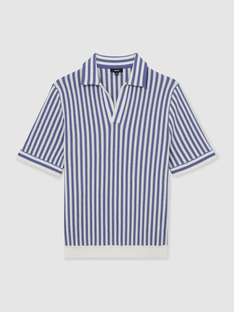 Reiss Blue/ Off White Alba Cotton-Blend Stripe Knit Polo Shirt - Image 2 of 6