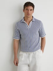 Reiss Blue/ Off White Alba Cotton-Blend Stripe Knit Polo Shirt - Image 4 of 6