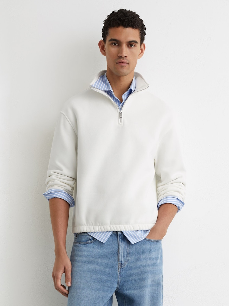 Reiss White Quinn Cotton-Blend Washed Half-Zip Sweatshirt - Image 1 of 6